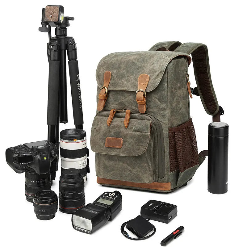Canvas DSLR camera backpack in khaki colour with waterproof anti-theft features