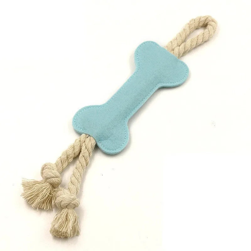 Bone shaped dog toy with rope knot construction in four colour options for bite resistant training