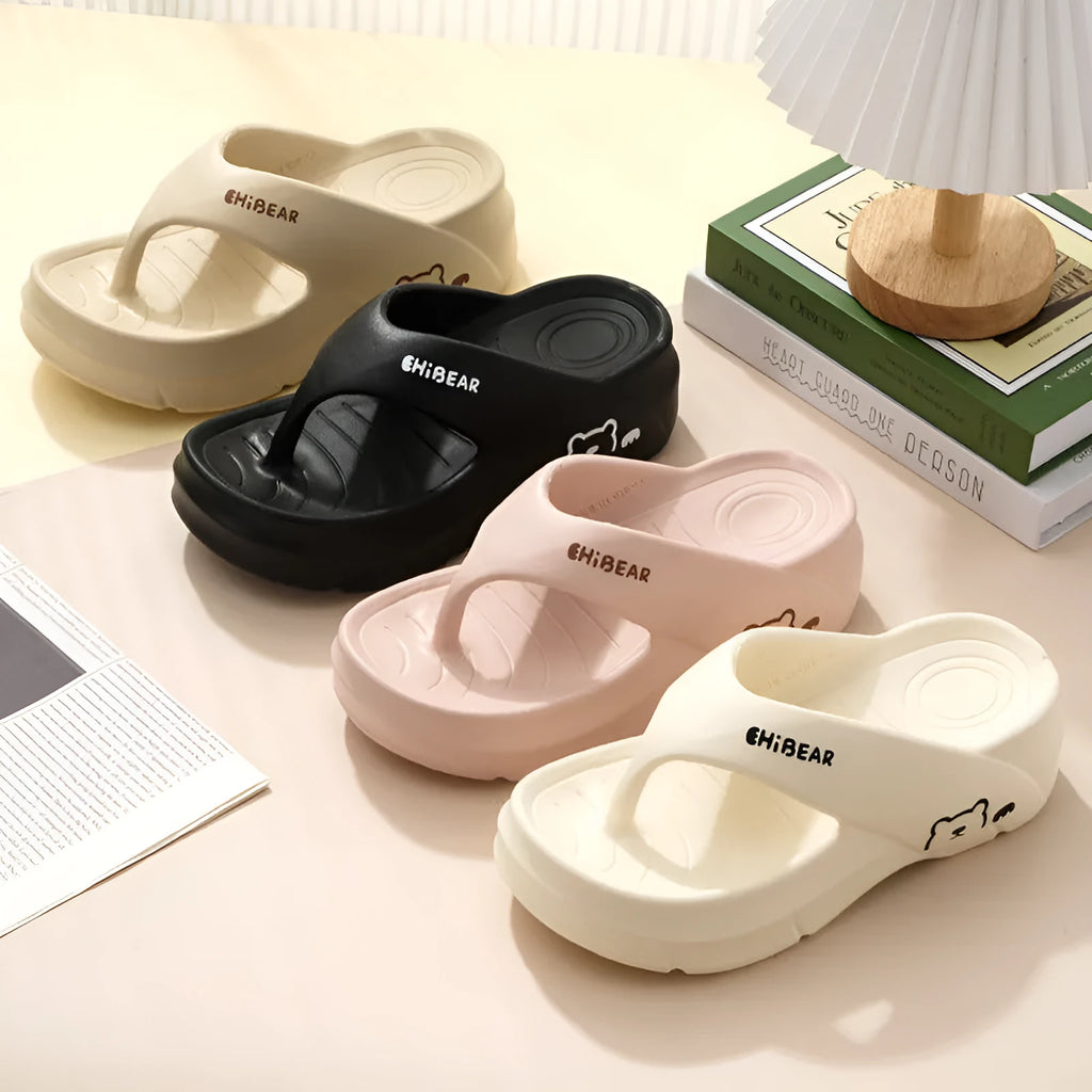 Pair of EVA flip flops with thick non-slip sole, fish mouth toe, available in beige, khaki, black and pink