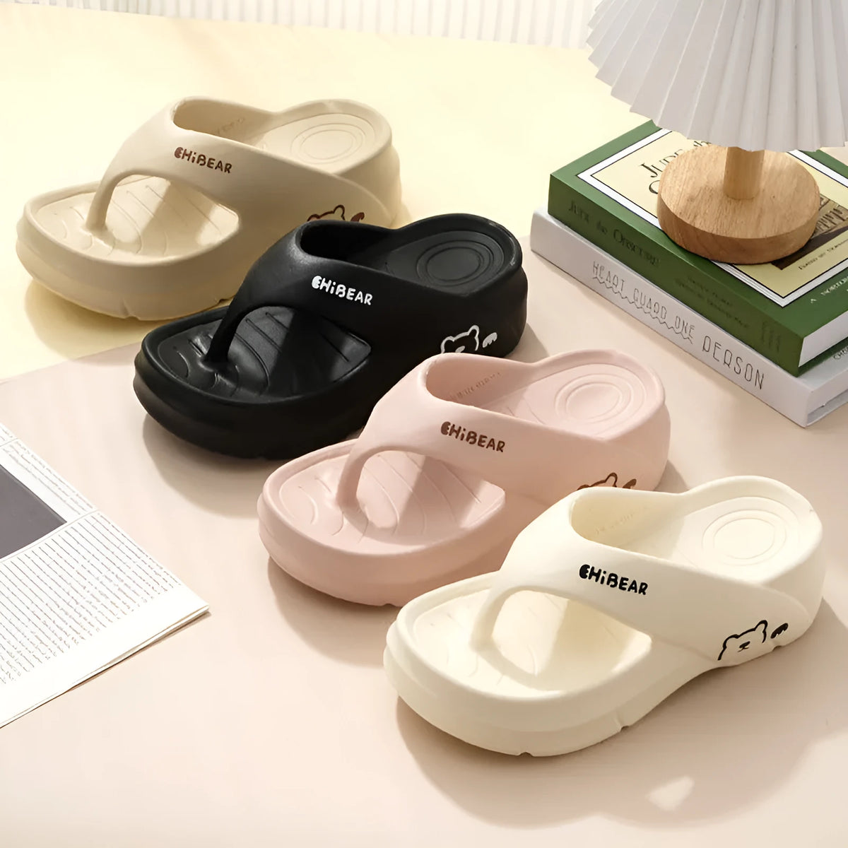 Pair of EVA flip flops with thick non-slip sole, fish mouth toe, available in beige, khaki, black and pink