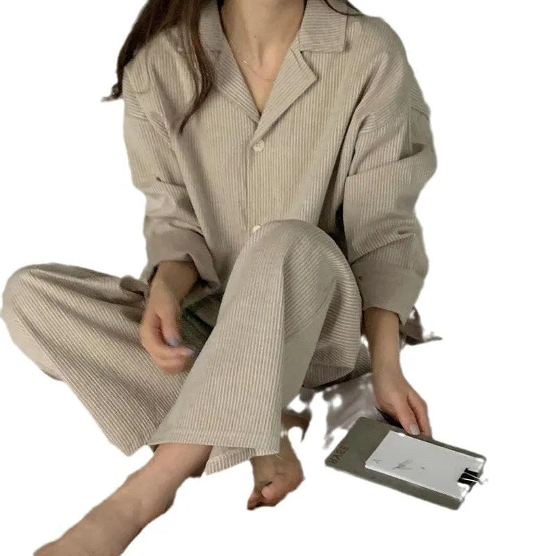 Women's striped long sleeve casual lounge suit set with top and trousers