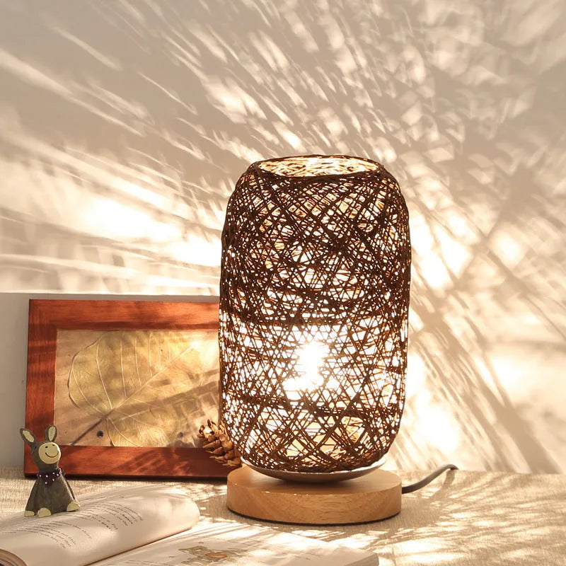 Dimmable LED wooden twine vine night table lamp with beige lampshade remote switch warm light