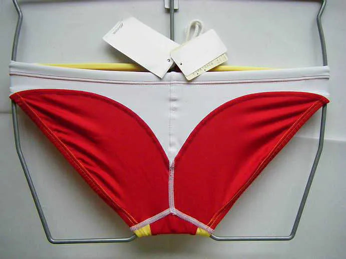 Men's red white and yellow colour matching swim briefs made from nylon and spandex, sizes M to XXXL