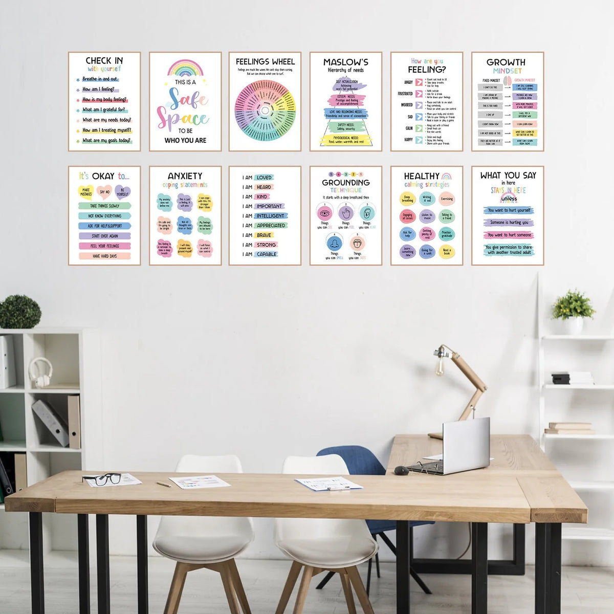 Set of 12 mental health posters printed on coated paper with bright film finish, 255 x 355mm