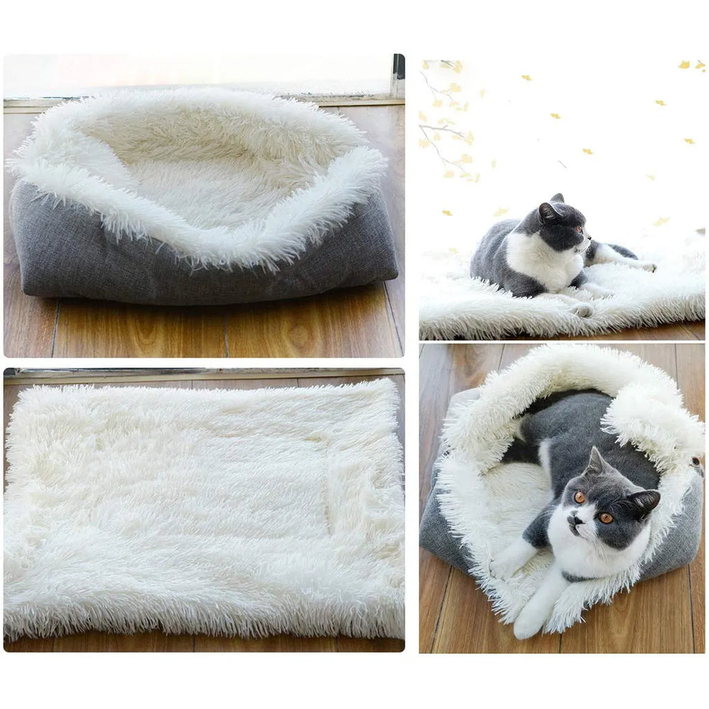 Grey pet blanket nest with fluffy surface and black non-slip base measuring 61cm by 51cm