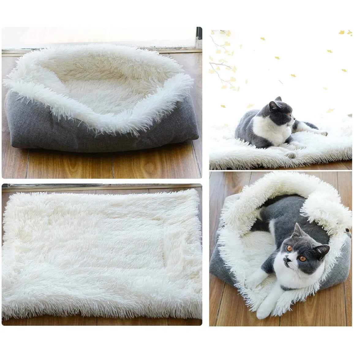 Grey pet blanket nest with fluffy surface and black non-slip base measuring 61cm by 51cm