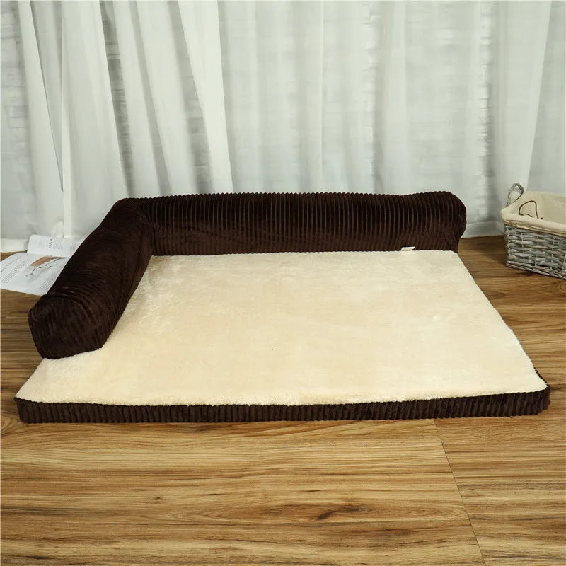 Corduroy pet sofa dog bed with removable cover in coffee colour showing non-slip base