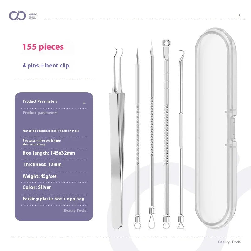 Four metal acne needle tools with pointed tips on a white background.