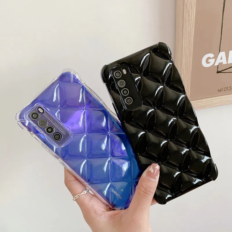 Huawei silicone phone case with diamond texture pattern in black, green, pink or white colour