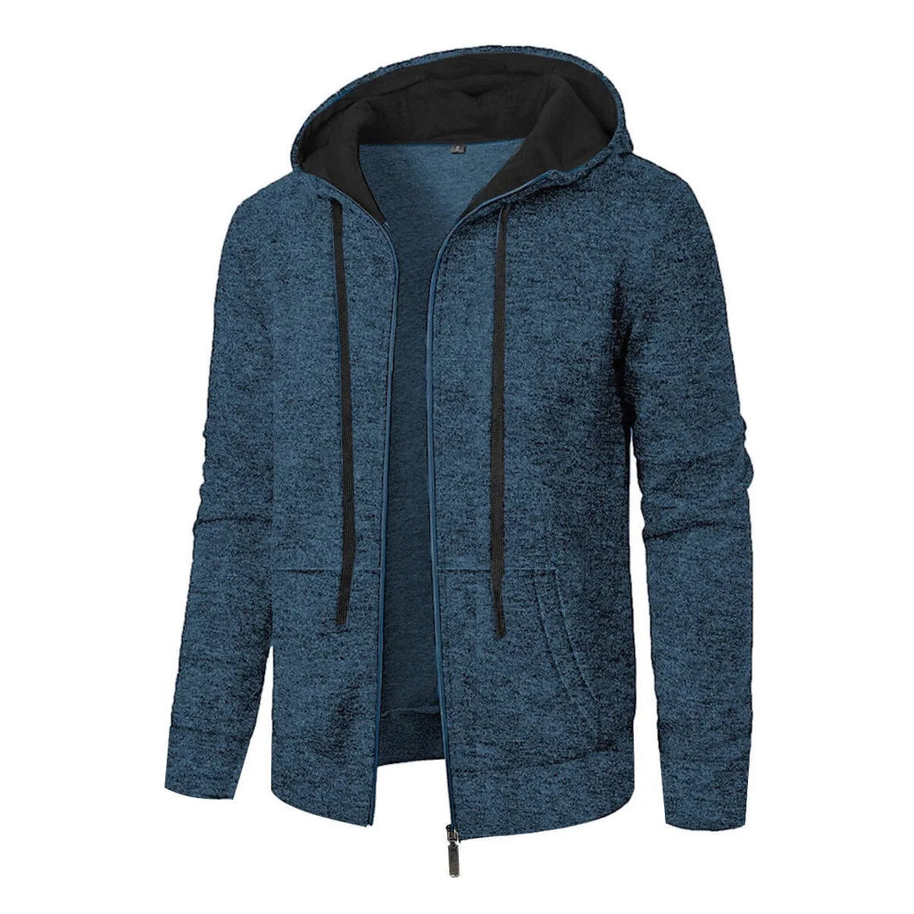 Men's loose fit polyester hooded cardigan coat in solid colour, long sleeves, casual sports style