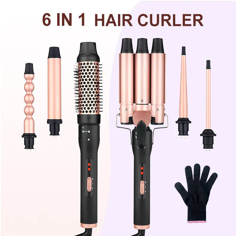 Three-tube water wave hair curler styling tool with wired power cord