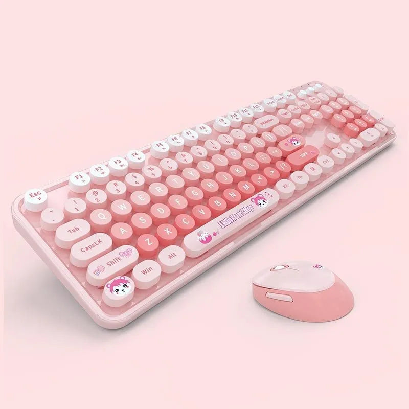 Wireless keyboard and mouse set in mixed colour design with photoelectric operation