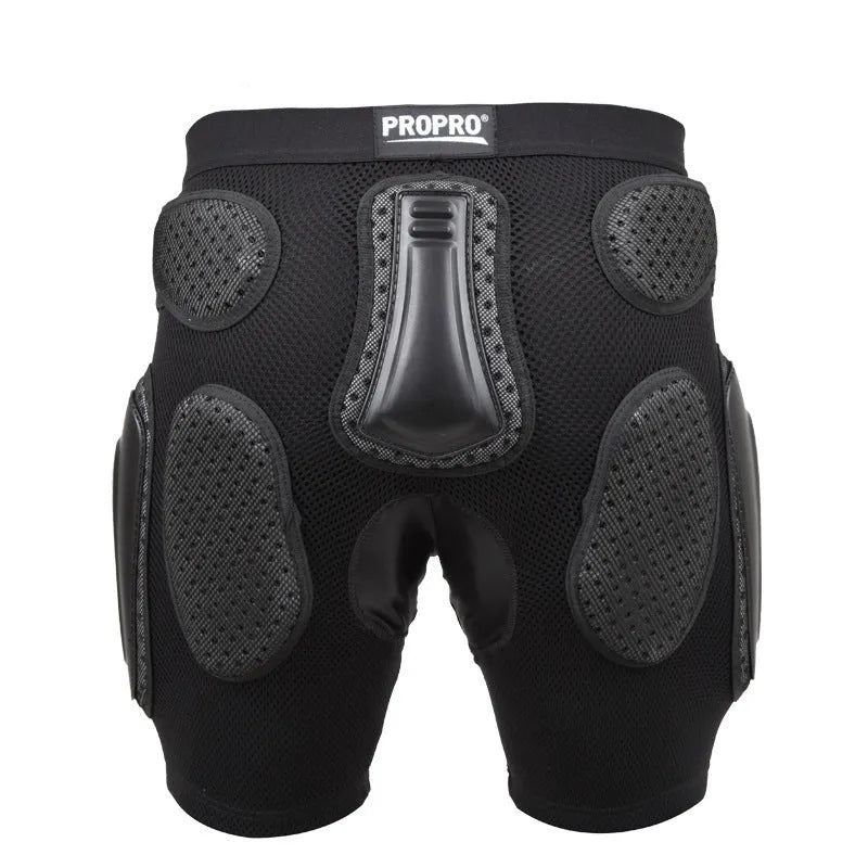 Black cycling protective pants with integrated hip and thigh impact foam pads on a mannequin