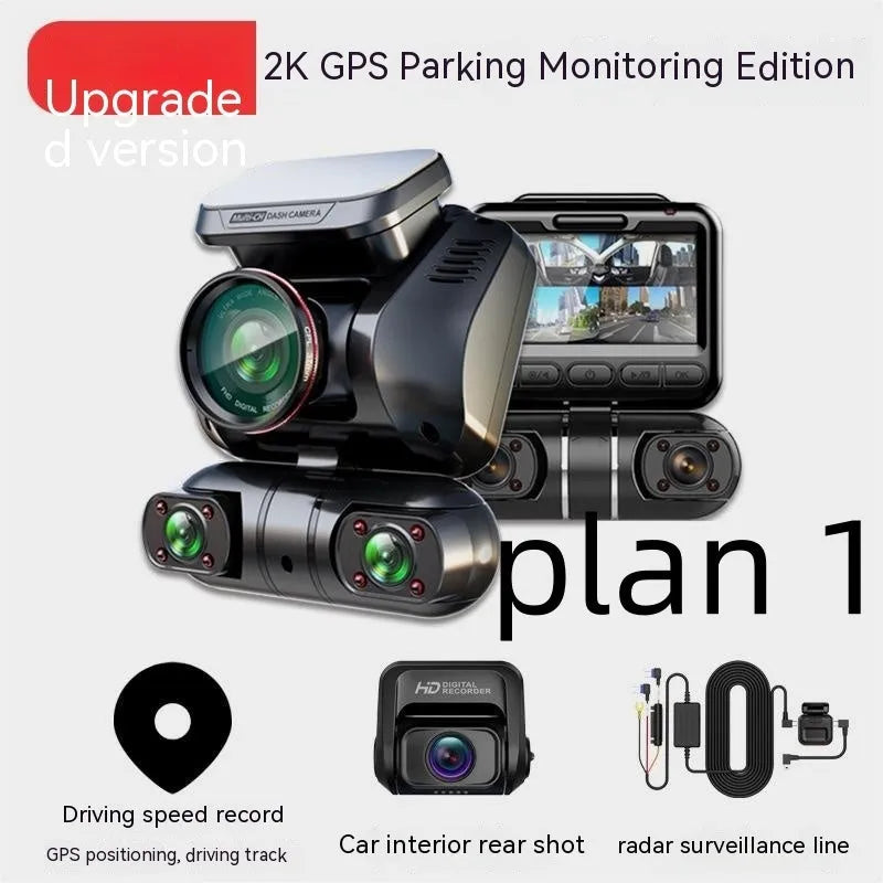 Panoramic four-lens car dashboard camera with 2-inch screen mounted in vehicle