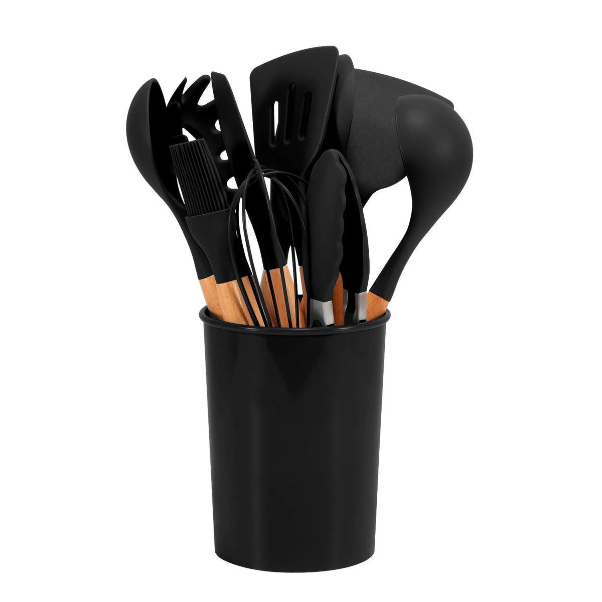 12-piece silicone kitchenware set with wooden handles and non-stick heads in a colour box package