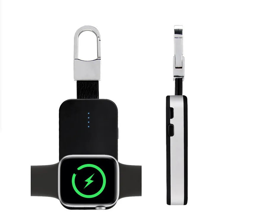 Black portable Apple Watch wireless charging power bank on a keyring