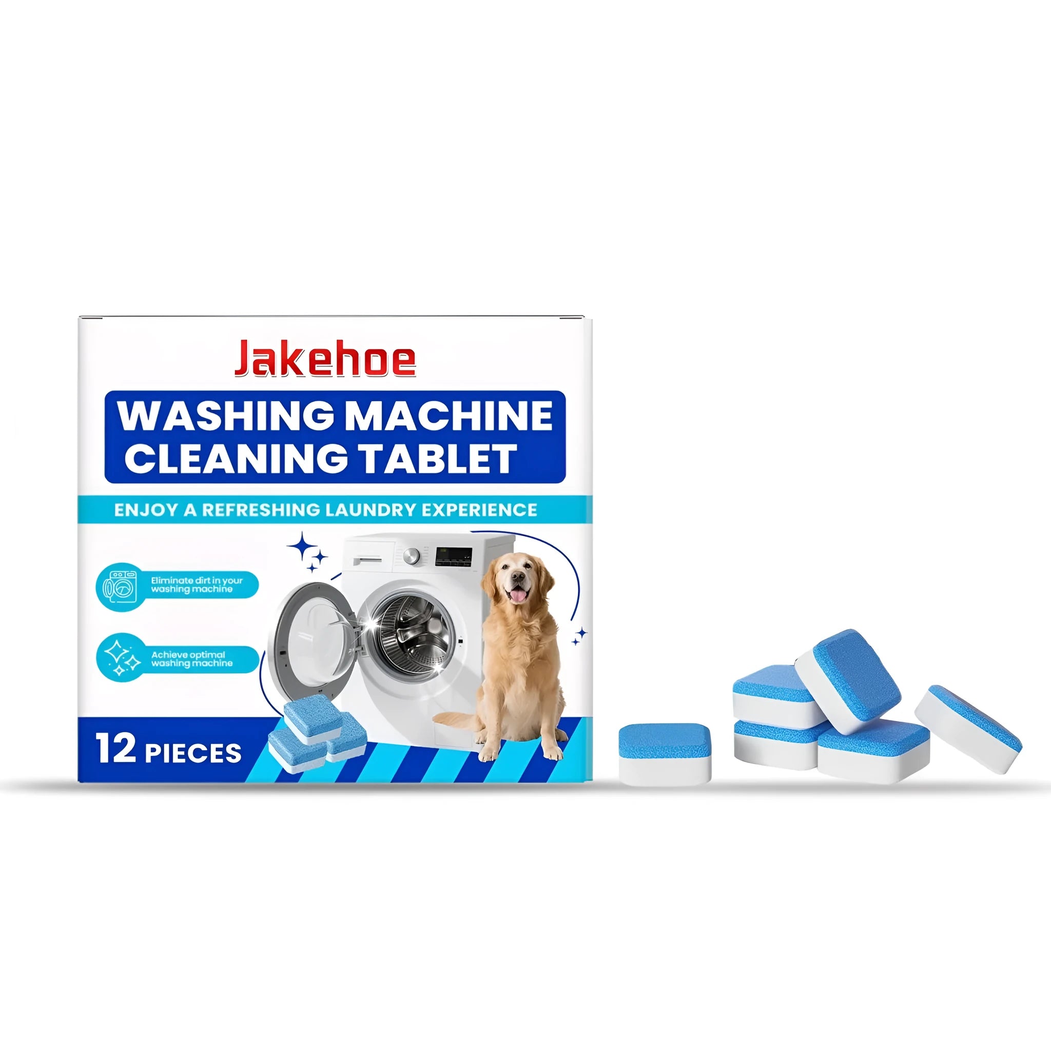 Pack of twelve white washing machine cleaning tablets with ingredients sodium bicarbonate and citric acid.