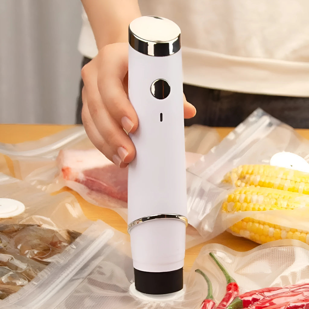 White USB electric suction pump with five plastic vacuum bags for food preservation