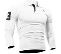 Men's loose fit long sleeve polo collar top with embroidered deer digital design, white or dark blue