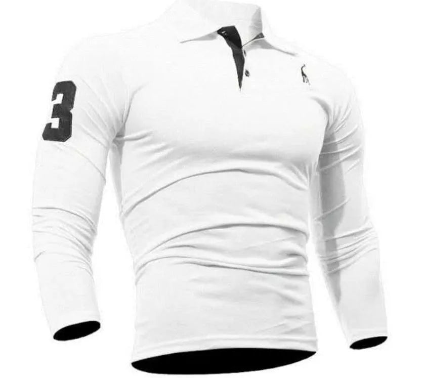 Men's loose fit long sleeve polo collar top with embroidered deer digital design, white or dark blue