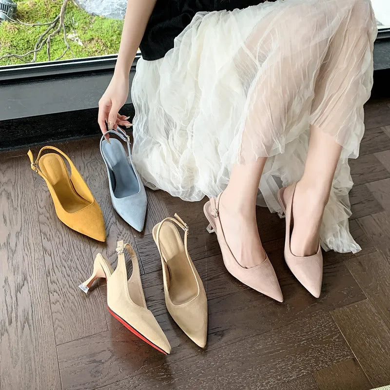 Women's apricot suede pointed-toe stiletto high heels on a neutral background.