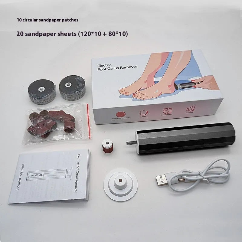 USB-powered electric callus remover foot file with multiple grinding wheels in black, pink, and purple colour options.