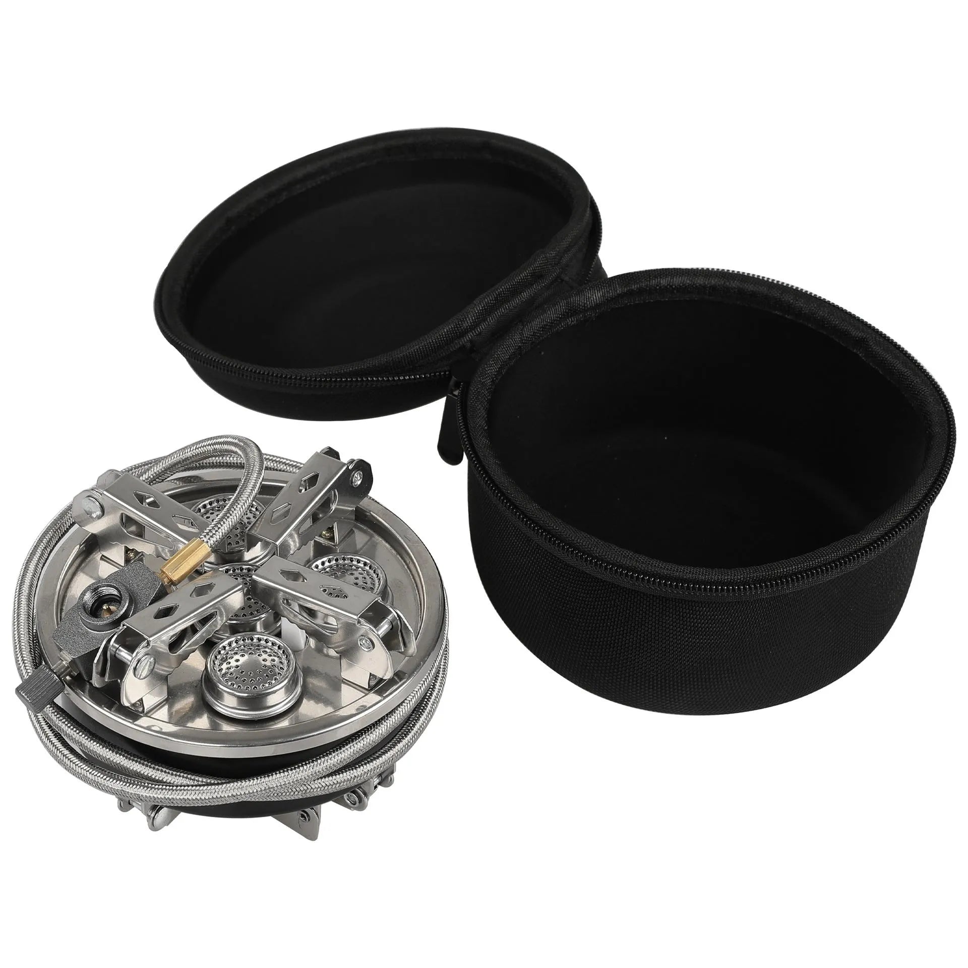 Silver portable split stove with stainless steel and copper construction for outdoor cooking