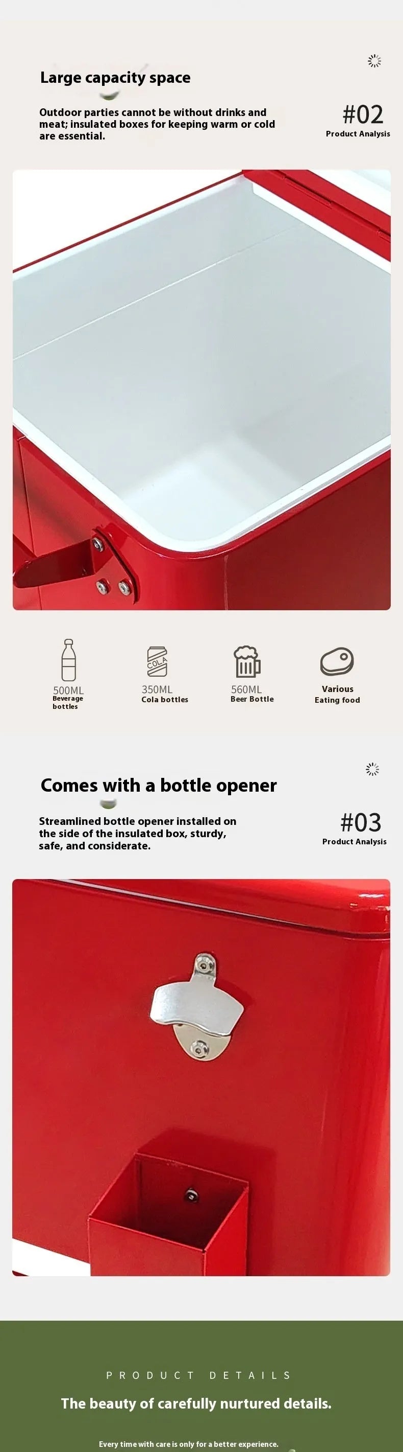 Red metal insulated food trolley with 750ml capacity for outdoor catering and picnics