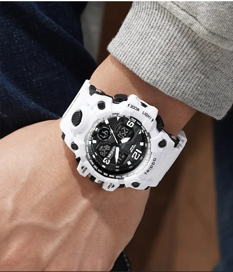 Men's electronic sports watch with dual analogue and digital display in black, red, white or transparent white