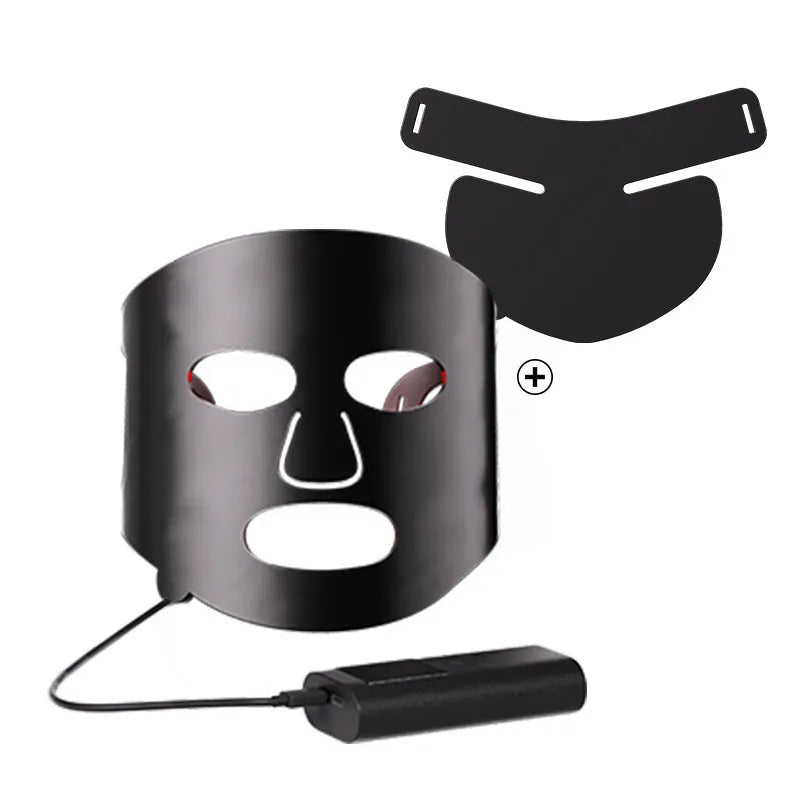 Black gold LED phototherapy face mask with controller showing seven colour light modes for skin treatment