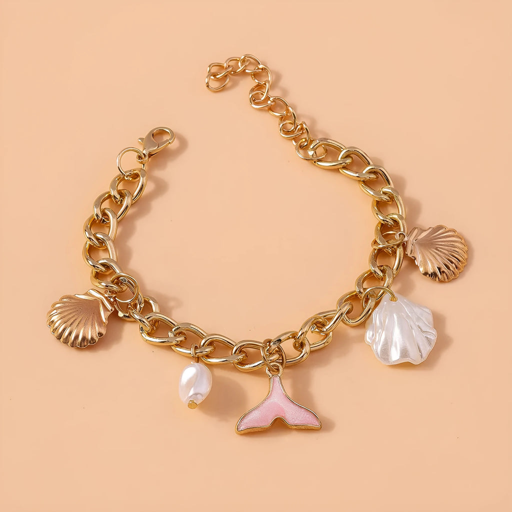 Women's shell pearl mermaid tail bracelet in white pearl alloy finish