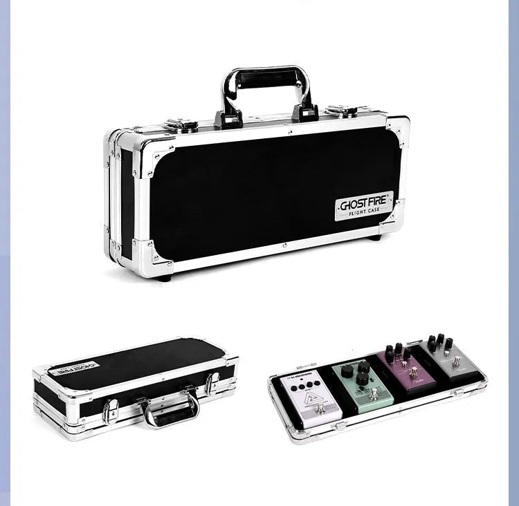 Aviation box guitar effect unit with metal trumpet design inside a protective flight case