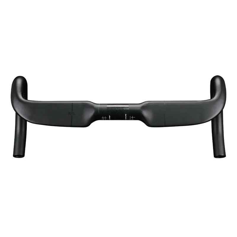 Carbon fibre road bicycle handlebar with double line graphics in black or red, showing 400mm, 420mm, 440mm width options.
