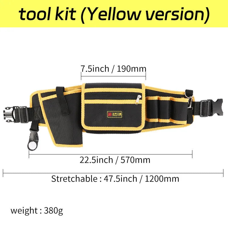 Yellow canvas electrician tool waist bag with belt attachment for portable tool storage and repair tasks
