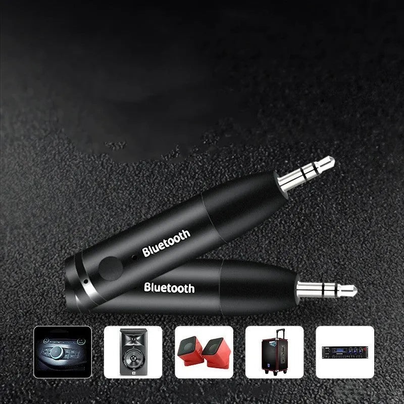 Black Bluetooth audio receiver for car stereo with AUX connection and USB power cable