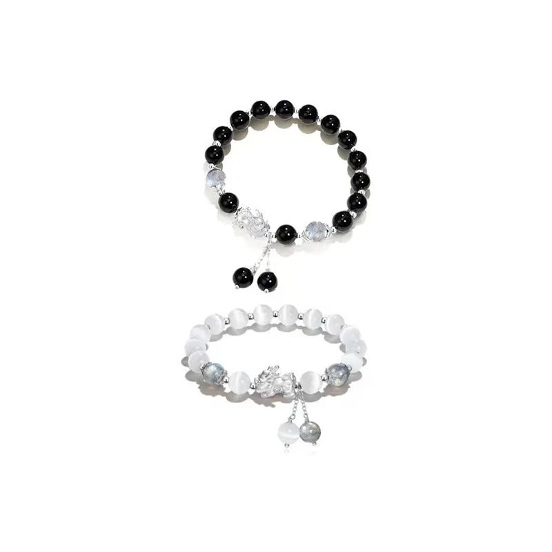 Natural black agate and grey opal crystal couple bracelet with 10mm wave shape design