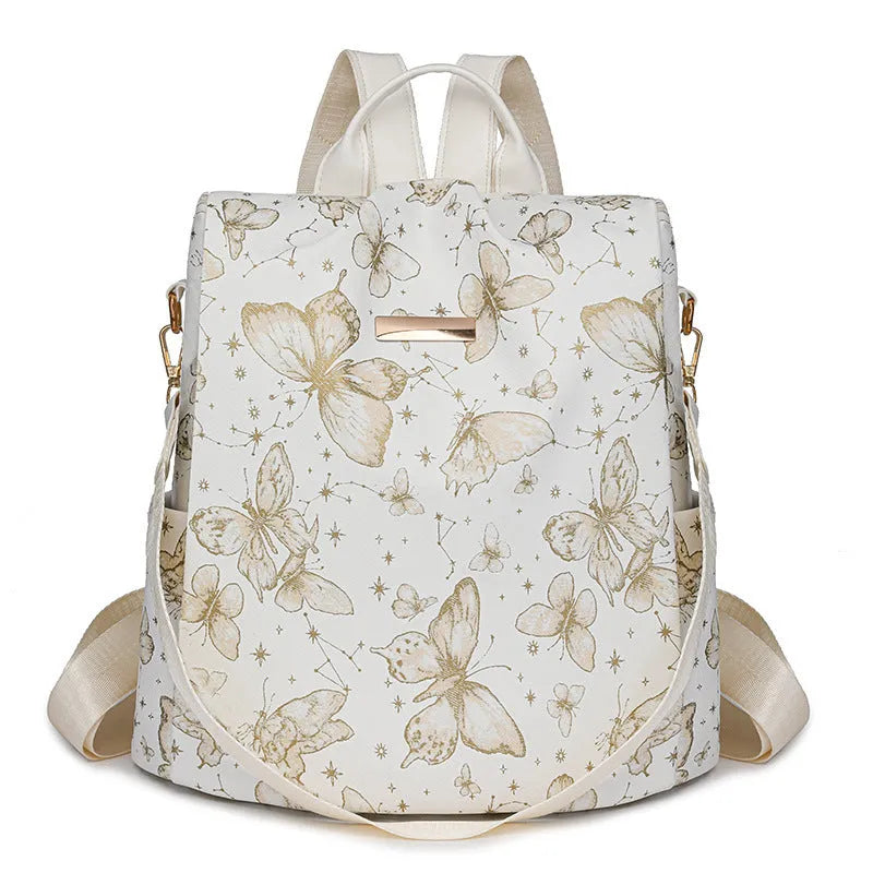 Butterfly printed large capacity backpack in multiple colours showing shoulder straps and fresh sweet style