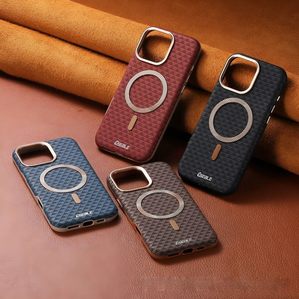Triangle shield magnetic suction phone case for iPhone 15 in black imitation leather with embossed finish