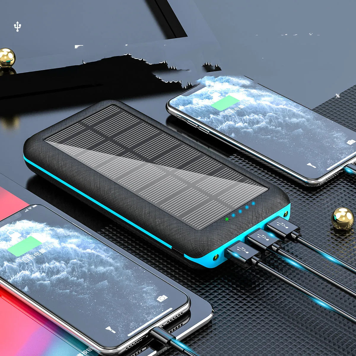 Black portable power bank with wireless Qi charging pad, three USB ports, and LED flashlight for iPhone Samsung Xiaomi phones
