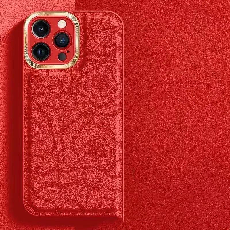 Camellia leather pattern drop-resistant phone case for iPhone with soft edge hard back design in Antique White