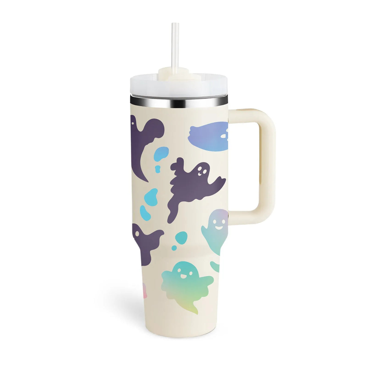 40 oz insulated stainless steel tumbler with handle straw and spill proof lid in a tapered design for car or gym use