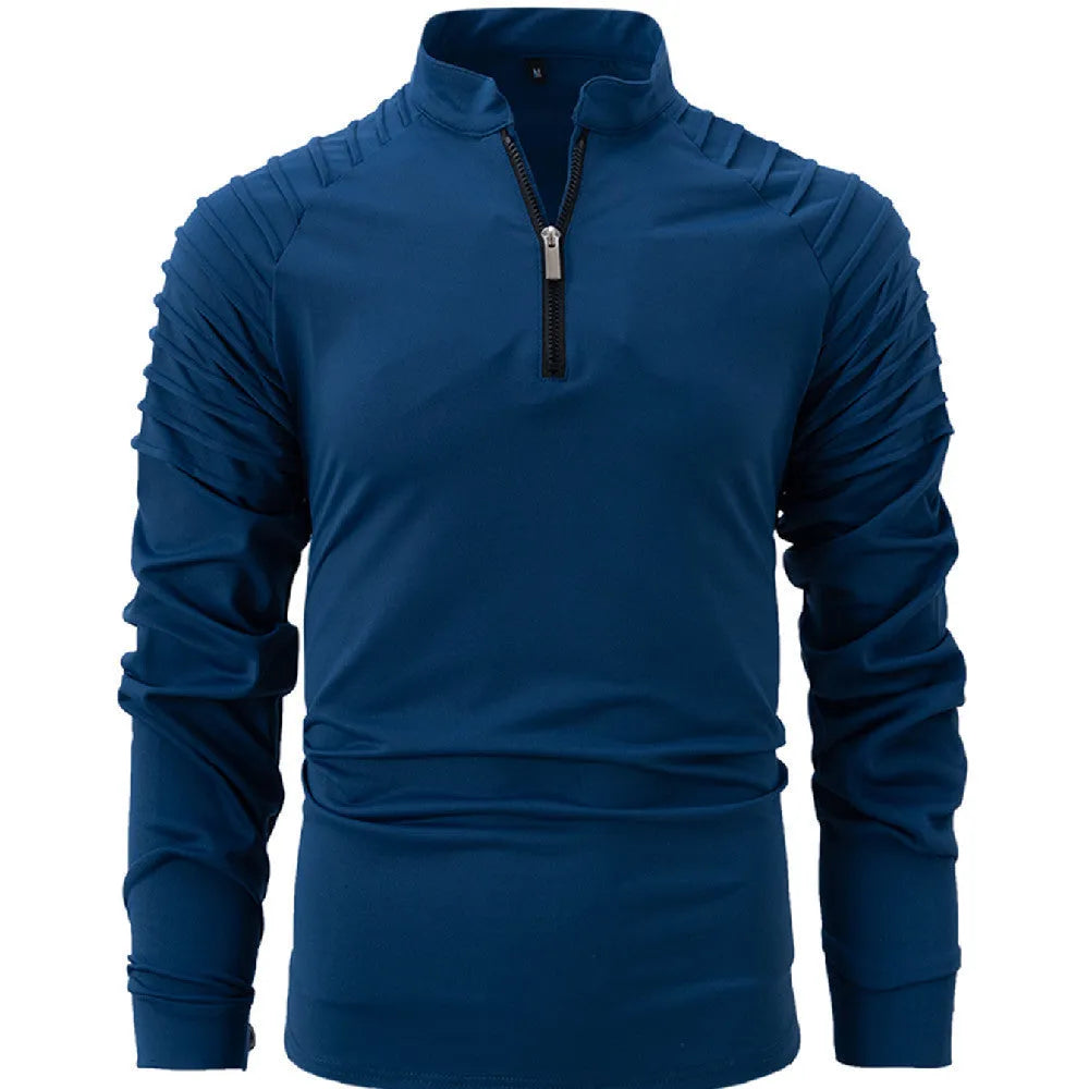 Men's long sleeve zip polo shirt in navy blue, cotton blend slim fit casual top for spring and autumn