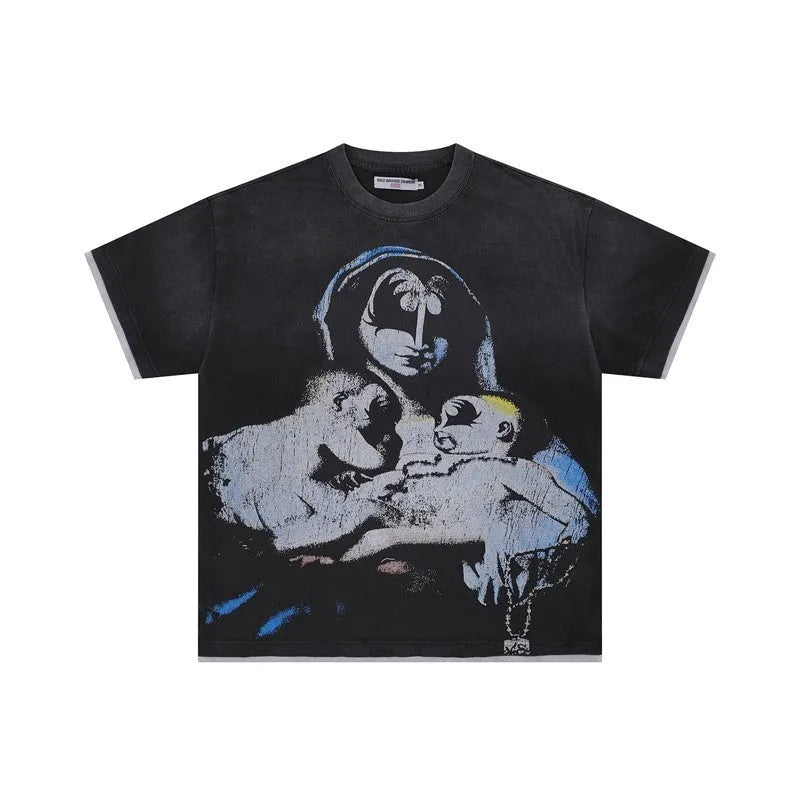 Retro cartoon figure printed short sleeve t-shirt, loose cotton pullover, washed distressed, V523 Black