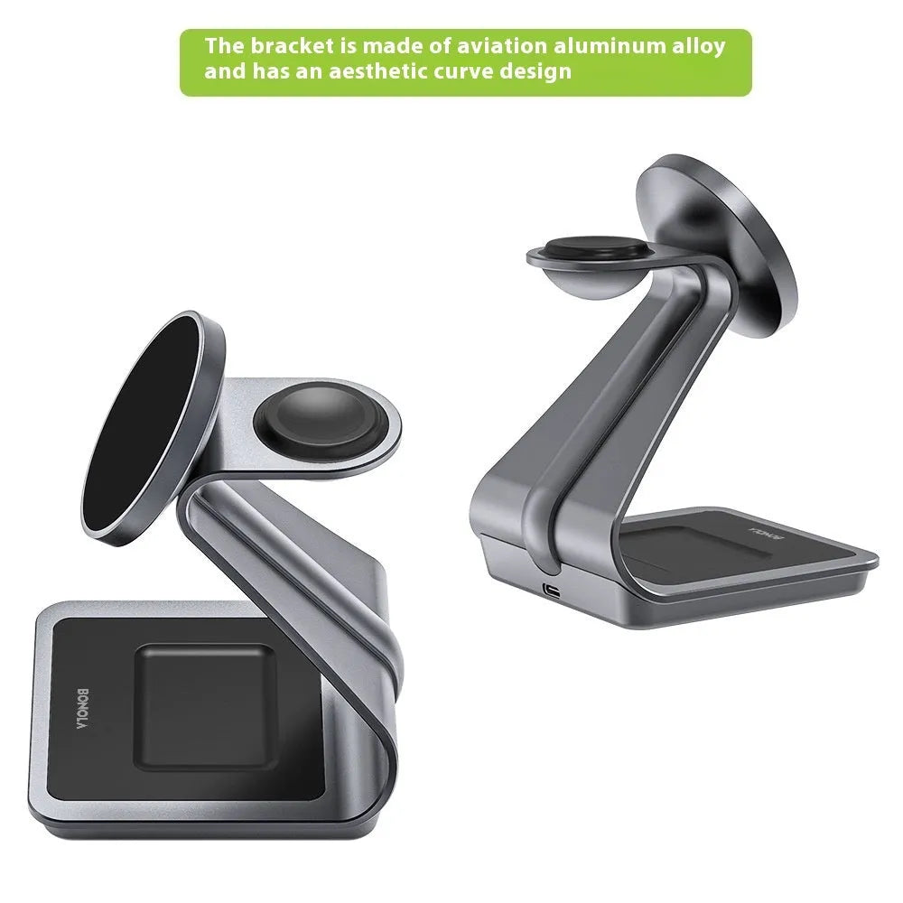 3-in-1 magnetic wireless charger in black or white aluminium alloy and ABS, 96 x 90 x 126mm, with phone, Apple Watch and earphone charging sections