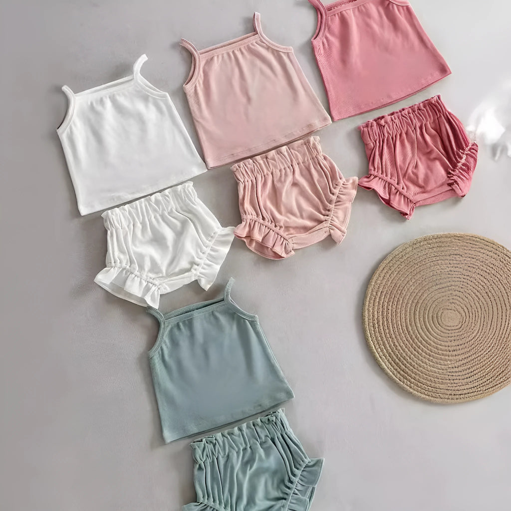 PP thin rib cotton baby girls' two-piece shorts set in coral pink with pullover blouse