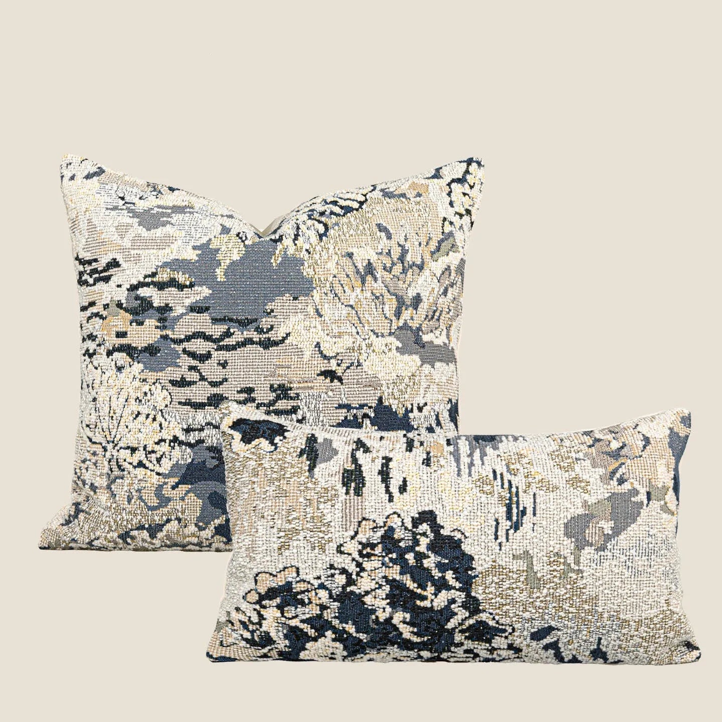 Antique blue wool blend floral decorative cushion in Chinese style, shown in square and waist pillow sizes.