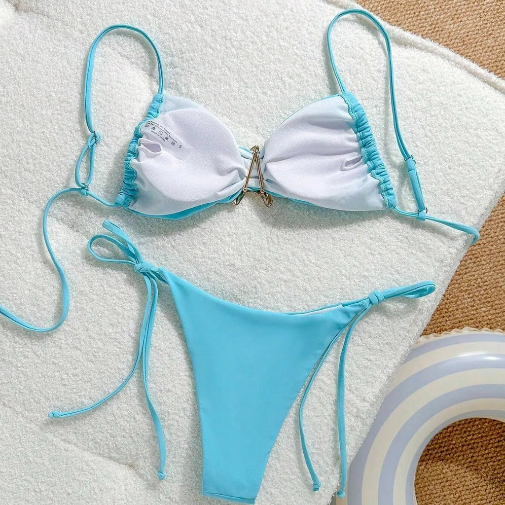 XINGX women's split bikini set in sky blue solid colour with quick-dry nylon fabric for swimming