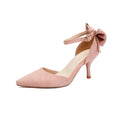 Women's black stiletto heels with pointed toes, bowknot detail and buckle closure