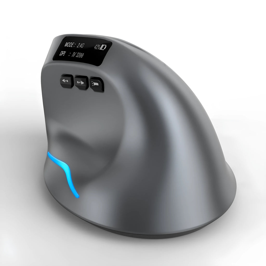 Gray Bluetooth vertical grip wireless mouse with self-charging, shown next to a laptop.