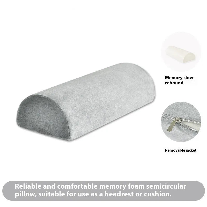Grey crystal velvet half cylinder foot pillow, 42 x 18 x 10cm, with memory foam filling for under-desk use.